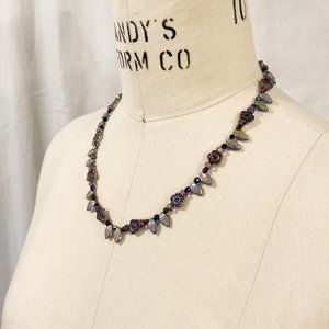 Vintage Handmade Necklace of Iridescent Glass Beads Leaves and Flowers